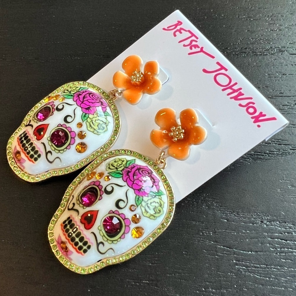 NWT BETSEY JOHNSON HOLA TO LOVE SKULL FLOWER DROP EARRINGS - MULTI | OS - Picture 3 of 4